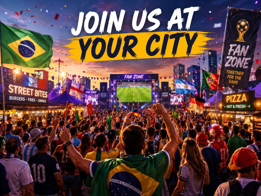 Fan zone celebration, packed festival area, multiple flags waving
