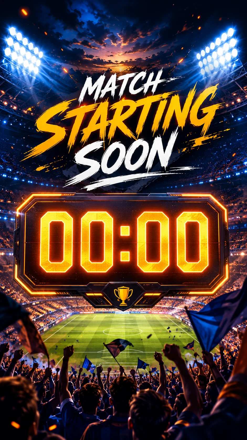 Countdown energy, match starting soon feeling, stadium lights warming up