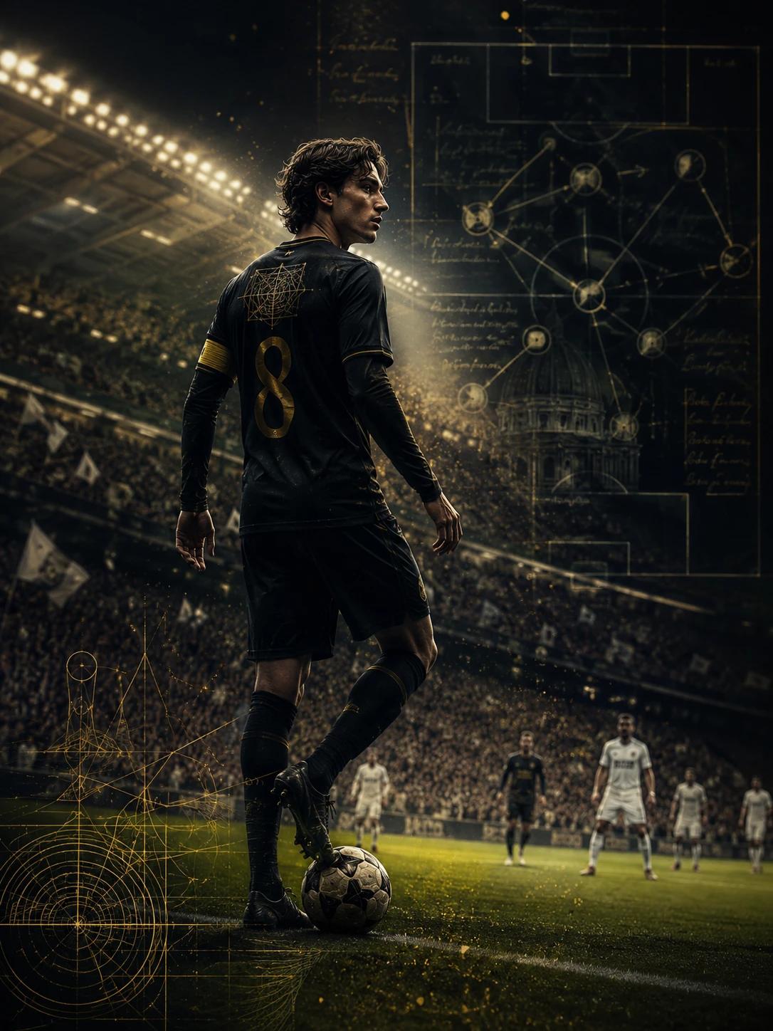 Midfielder maestro, ball control and vision pose, calm under pressure feeling