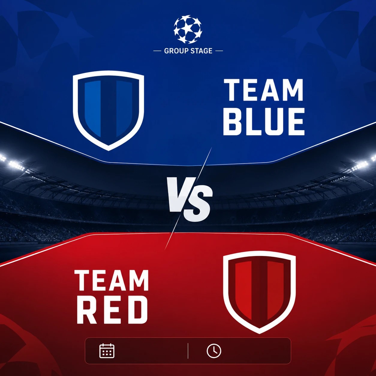 Group stage match, clean team colors top and bottom