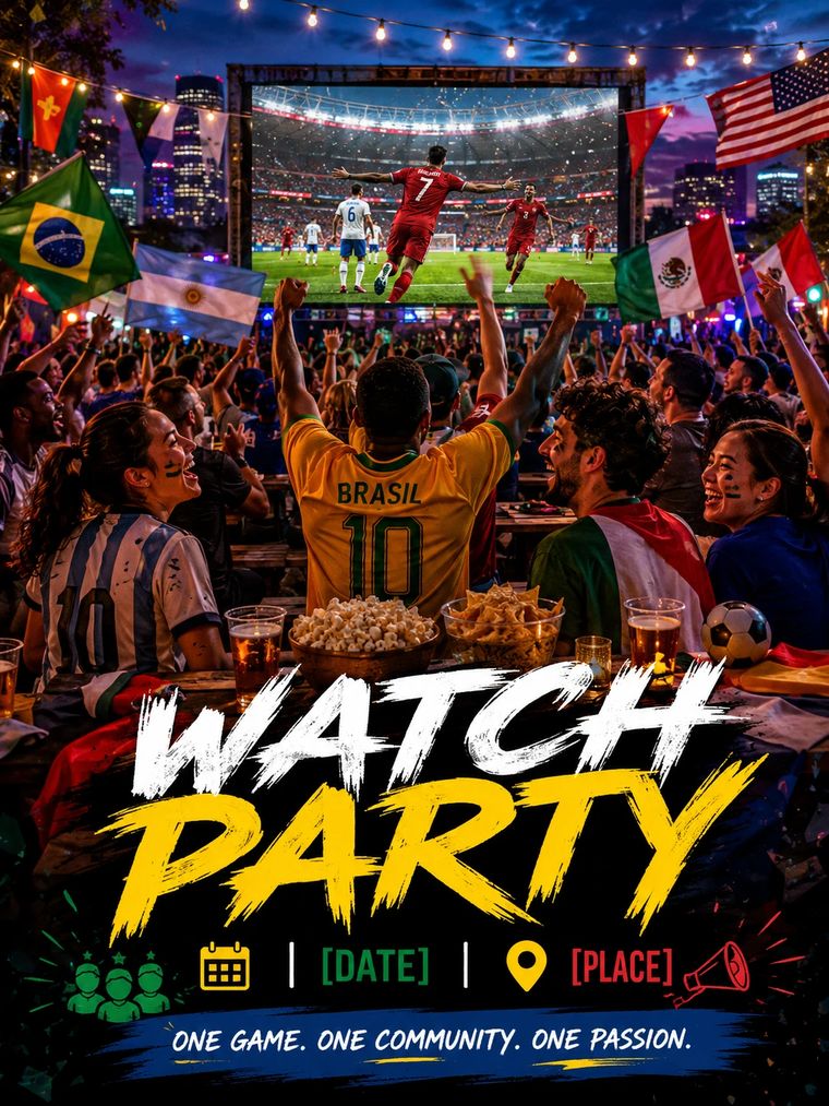Watch party graphic, outdoor screen showing match