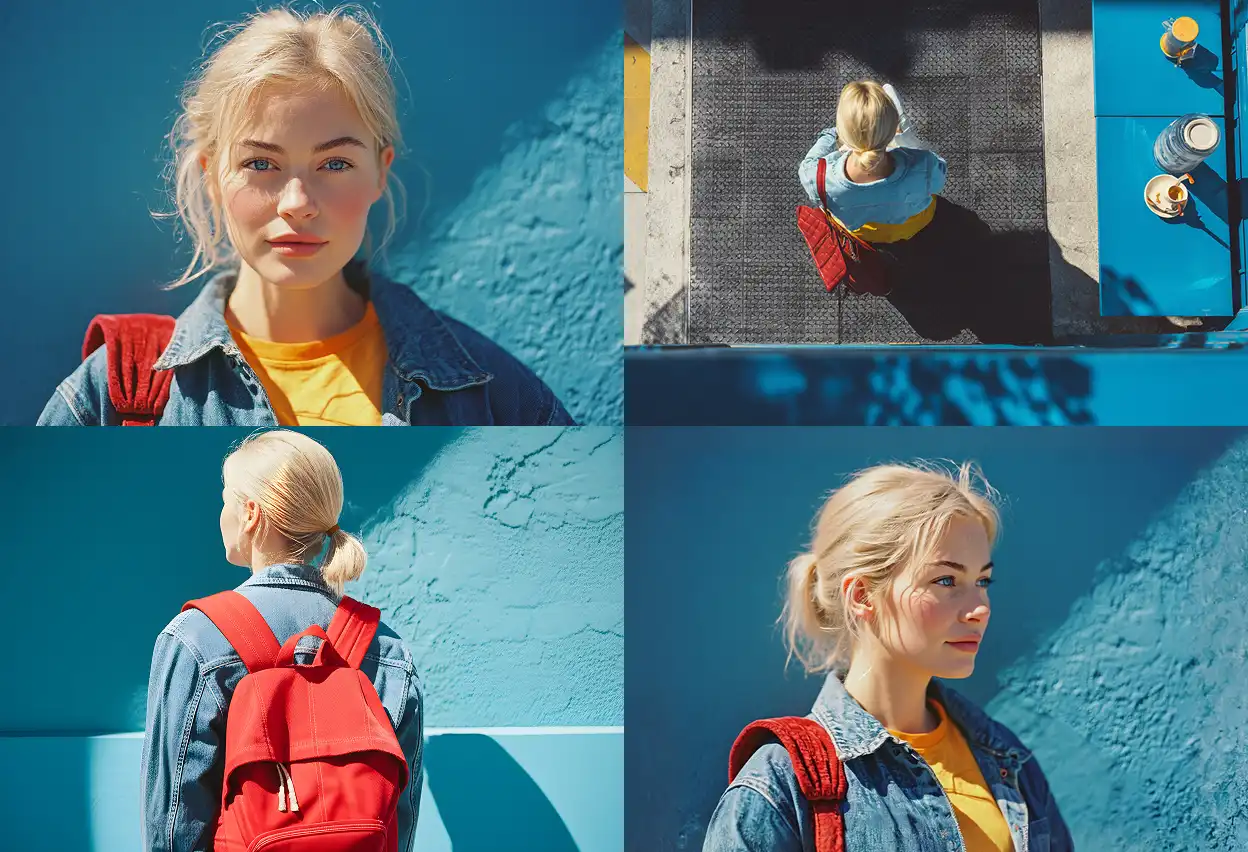 four perspectives of a blonde woman carrying a red backpack next to a blue wall