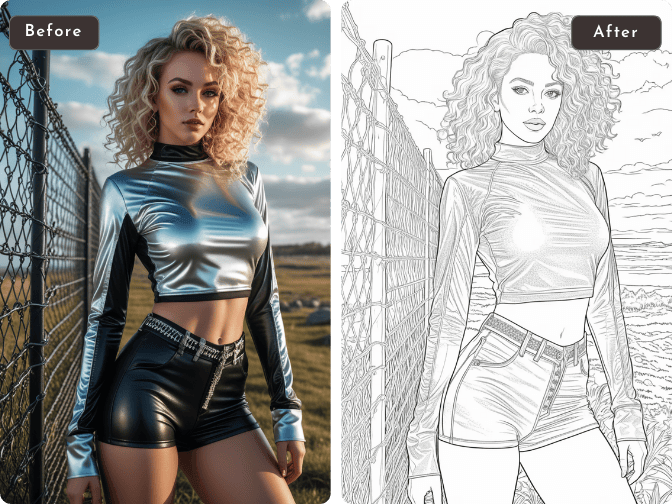 before and after comparison of converting a fashion woman portrait into sketch