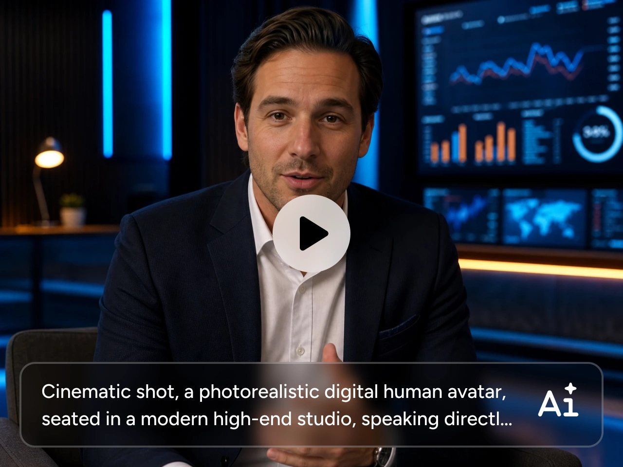 a video of a talking avatar in a suit speaking in a high-tech studio
