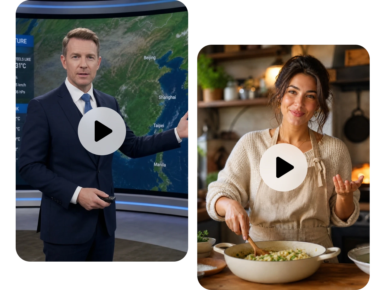 two AI talking avatar videos for weather reporting and cooking tutorials

