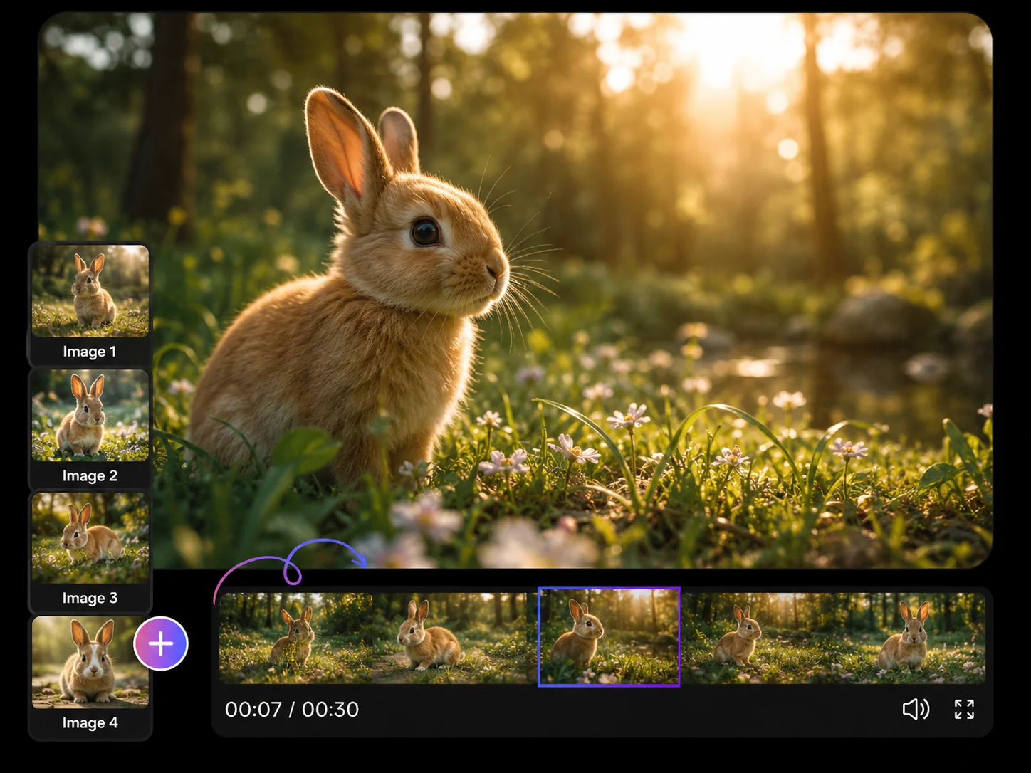 Seedance 2.5 AI Video Generator reference-based video creation with cute rabbit scene and 30s timeline
