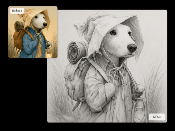a side-by-side comparison shows a hiker-dog, with the "After" pencil sketch preserving all details from the colored original