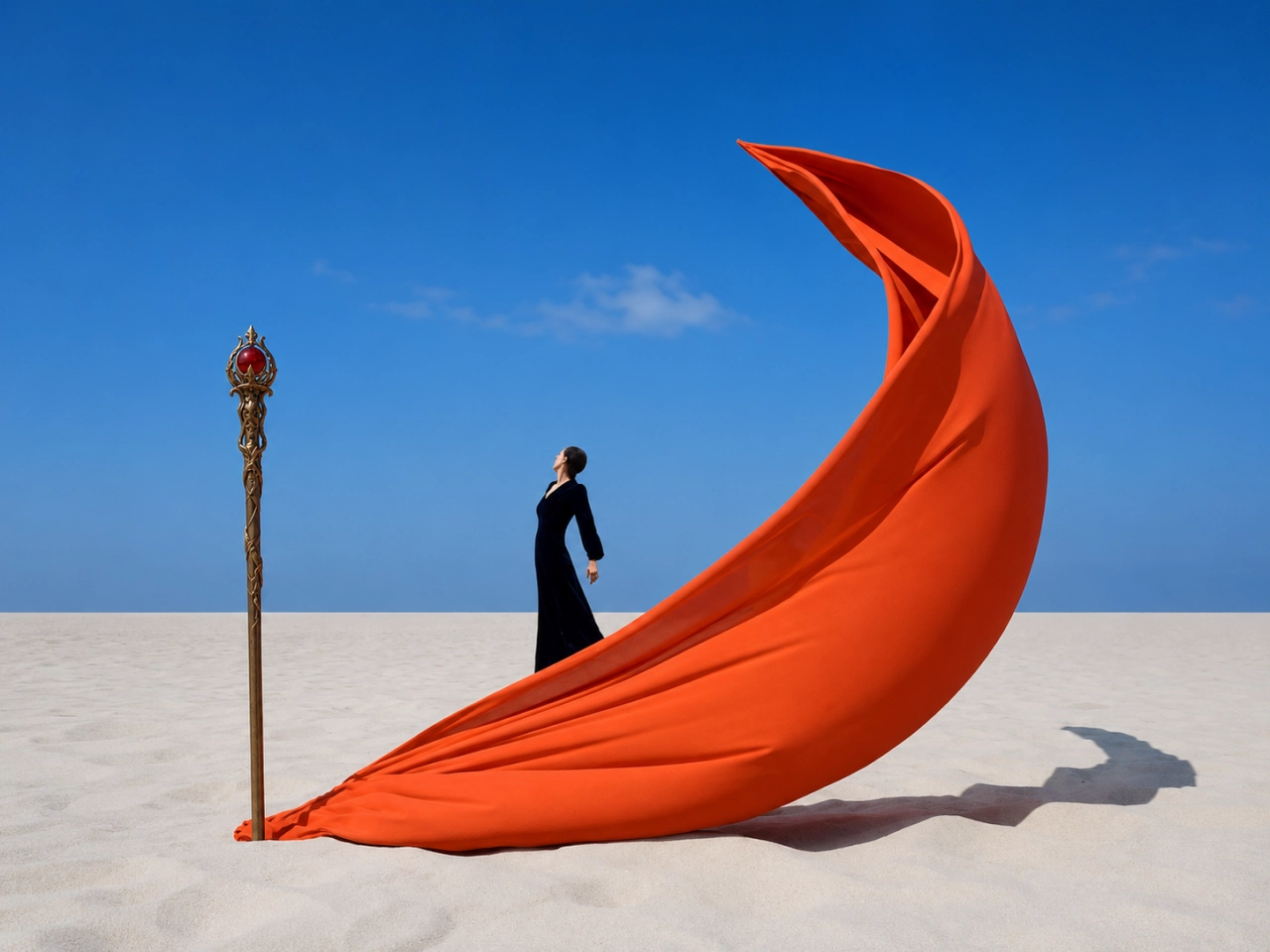 a person in a black dress stands in the desert next to a golden scepter