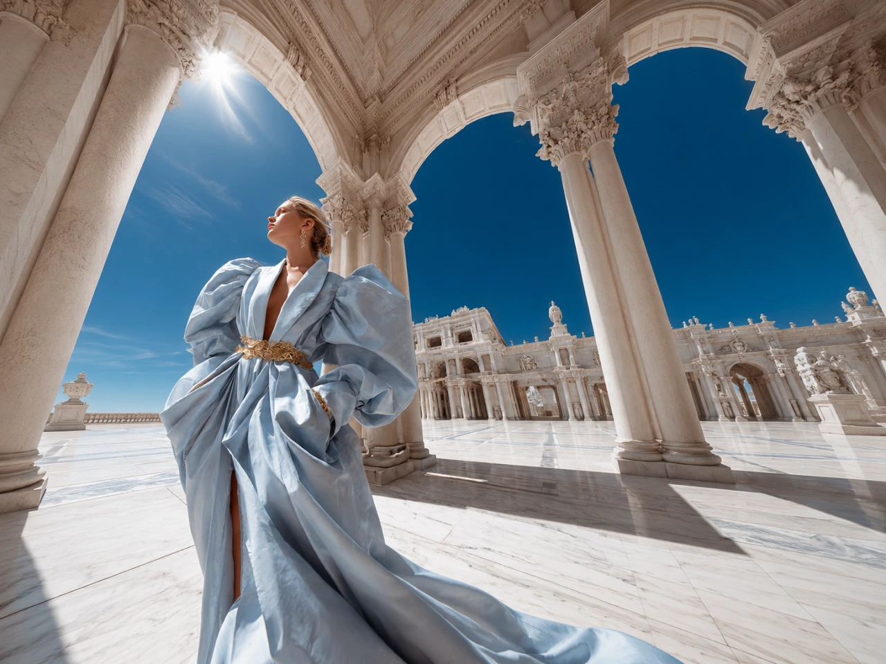 a woman in a dramatic light blue gown posing amid grand white classical pillars under a sunny blue sky
