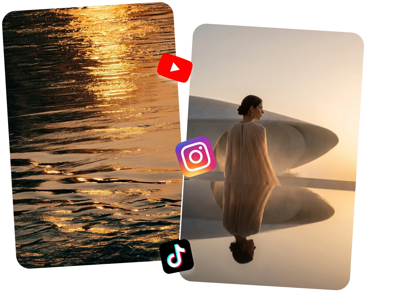 collage featuring a golden water reflection and a woman standing by a pool