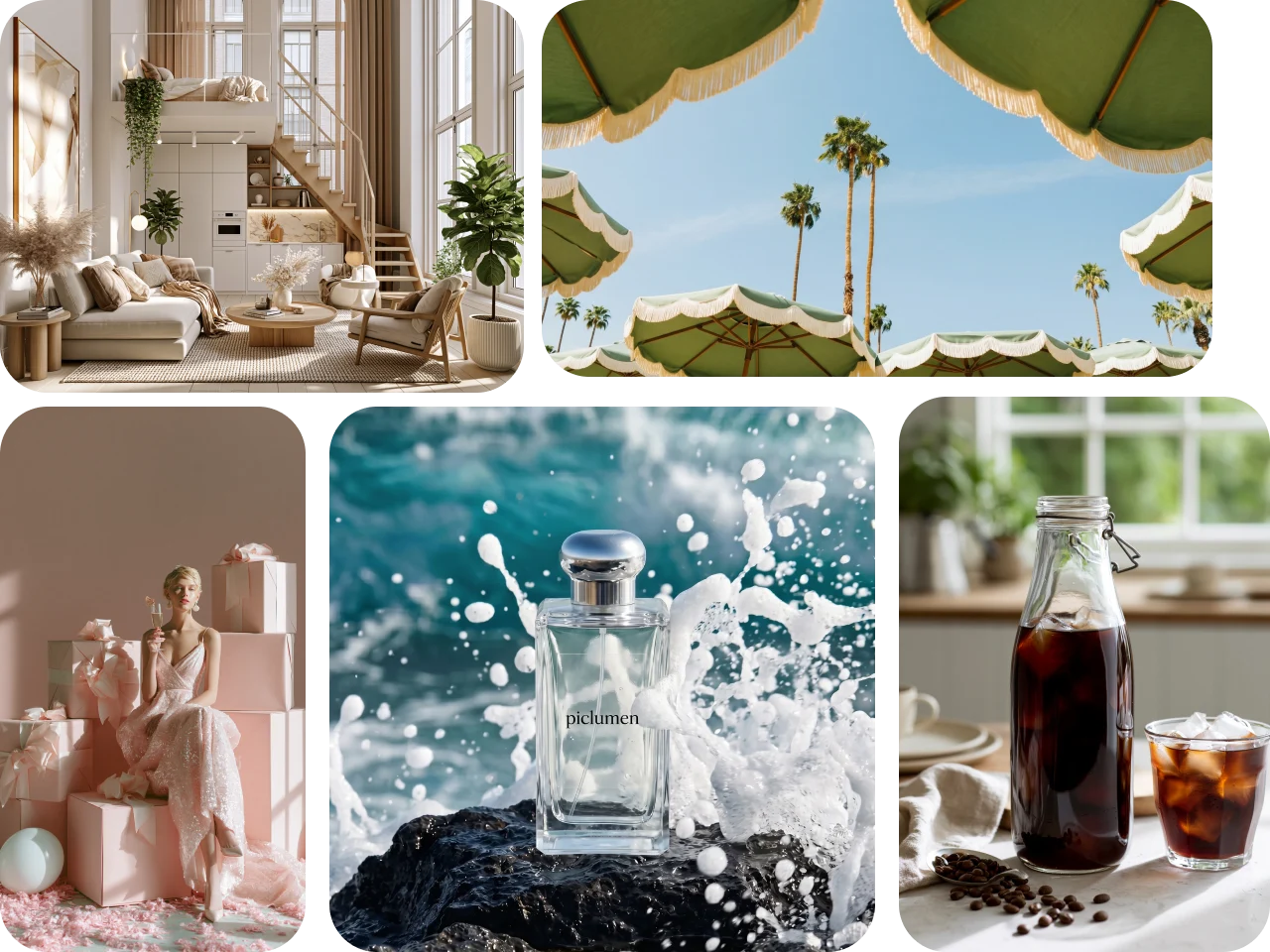 collage featuring interior design, a pool scene, a perfume bottle, a fashion shoot, and a cold brew coffee setup.