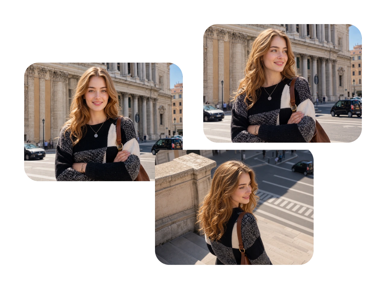 Seedance 2.0 Mini character consistency example showing the same woman from multiple camera angles in a city scene