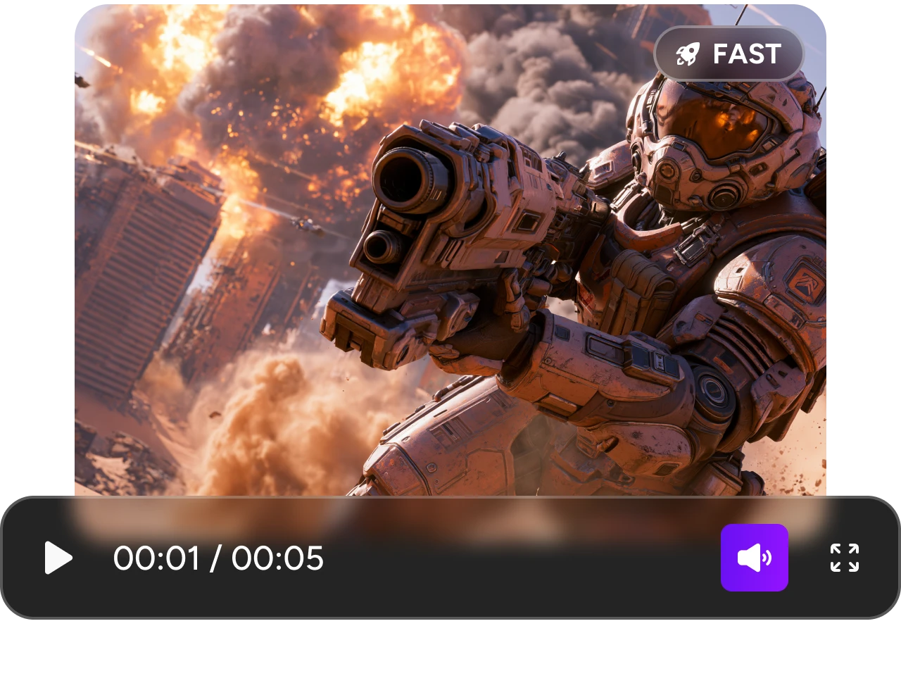Seedance 2.0 Mini fast video draft preview showing a cinematic sci-fi action scene with 5-second playback controls