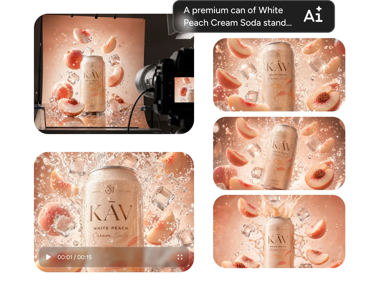 Seedance 2.0 Mini product video editing example showing a peach cream soda can with multiple storyboard shots