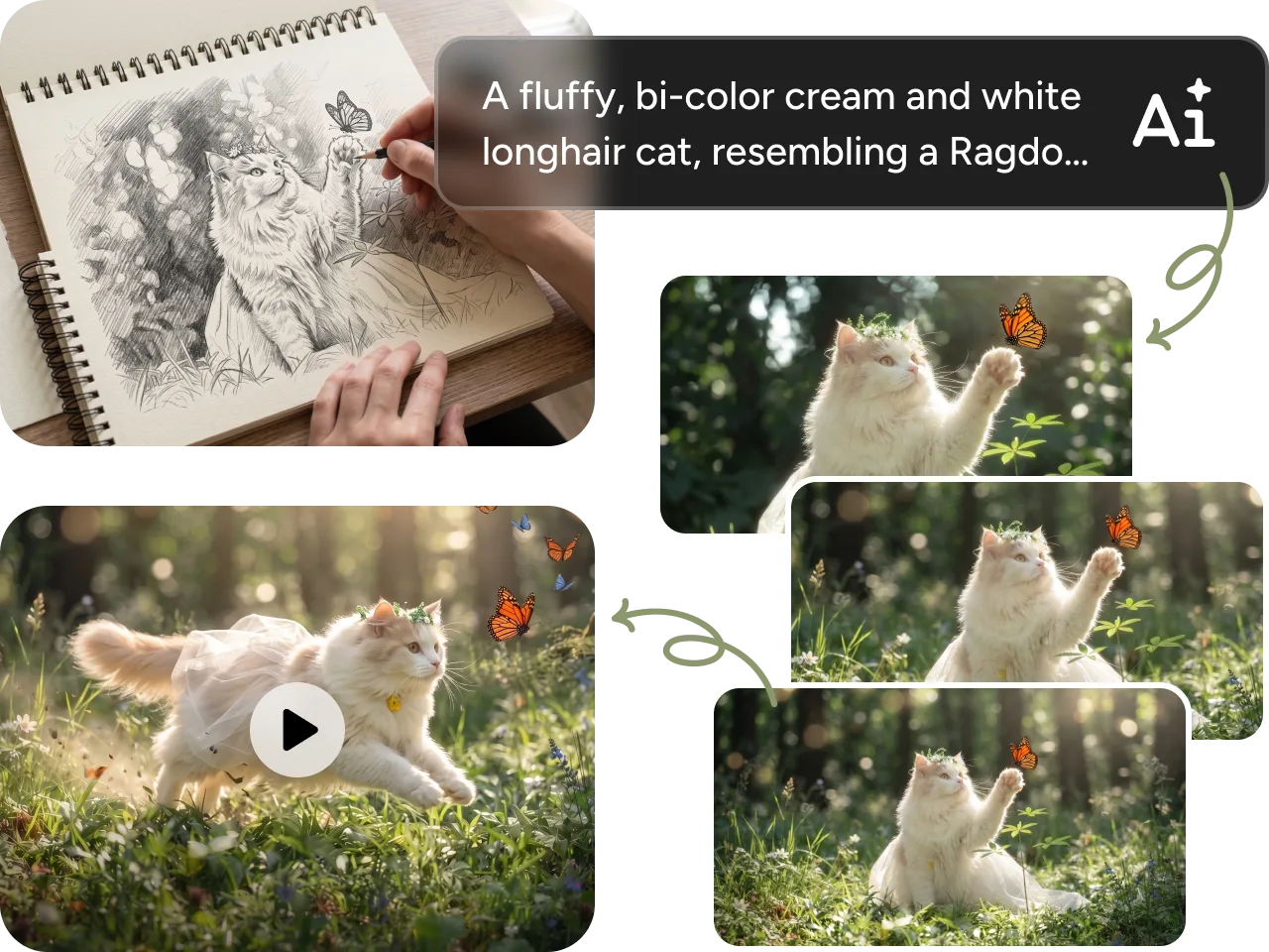 Seedance 2.0 Mini reference-guided video workflow showing a cat sketch, AI prompt, and cute cat video frames