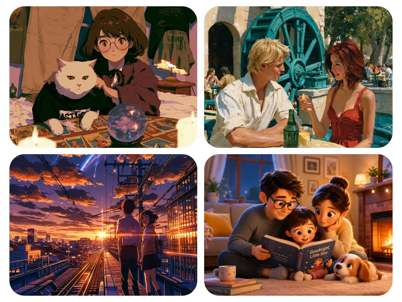 four-panel collage of anime scenes: a girl with a cat, a couple dining, a city sunset, and a family reading together.

