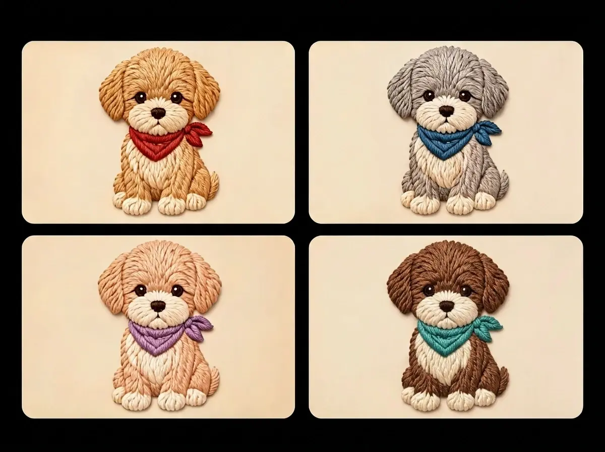 4 variations of cute embroidered poodle puppies
