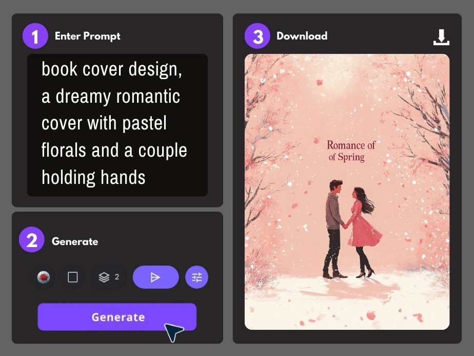 genera la portada de un libro de romance en el creador de portadas de libros con ia gratuito en línea de PicLumen