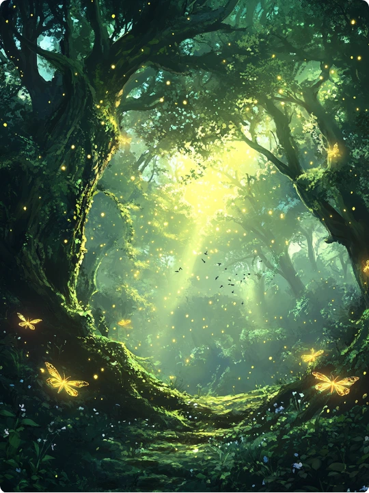 bosque verde encantado con luciérnagas brillantes, rayos de sol filtrándose entre árboles arqueados y un sinuoso sendero cubierto de musgo