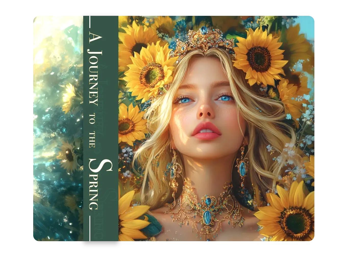 portada de libro generada por ia con mujer y girasoles