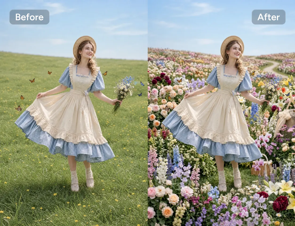 before and after AI video transformation of a woman in a dress, background changed from grass field to flower field