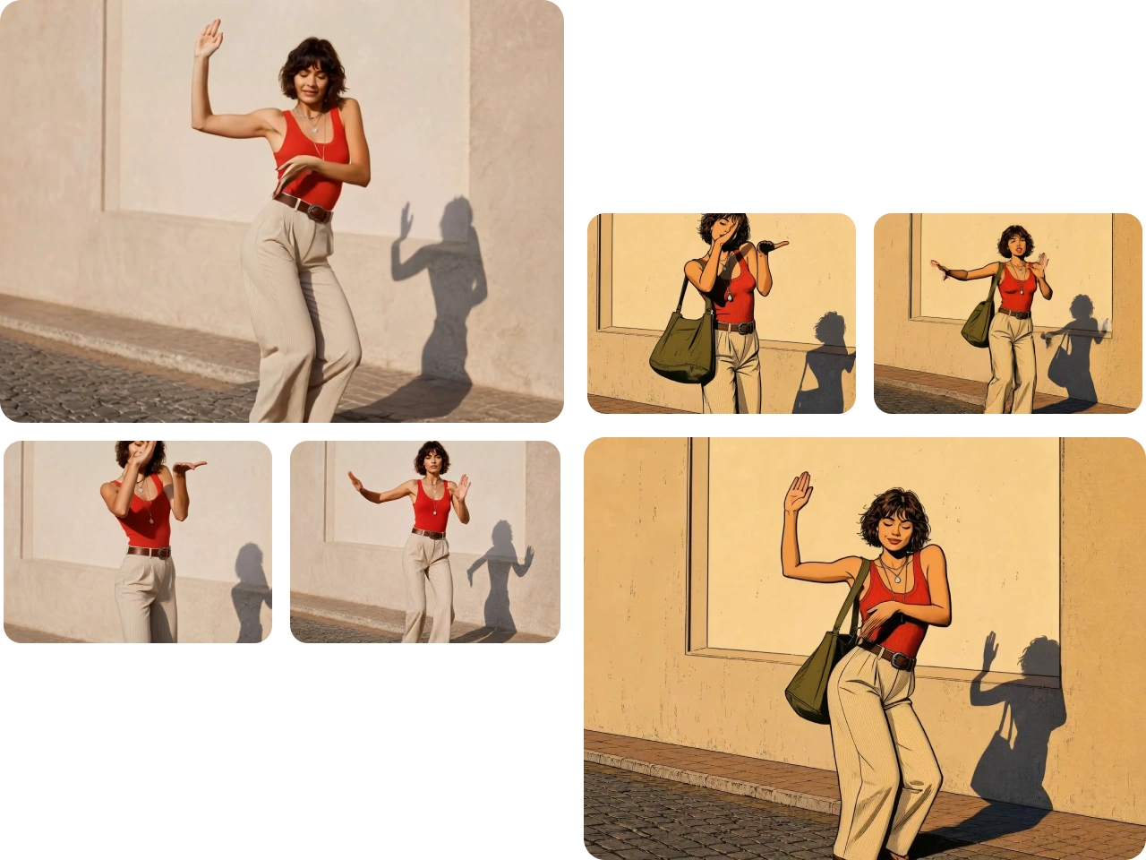 video-to-video AI transformation examples showing a woman animated in different poses and styles from a single source image