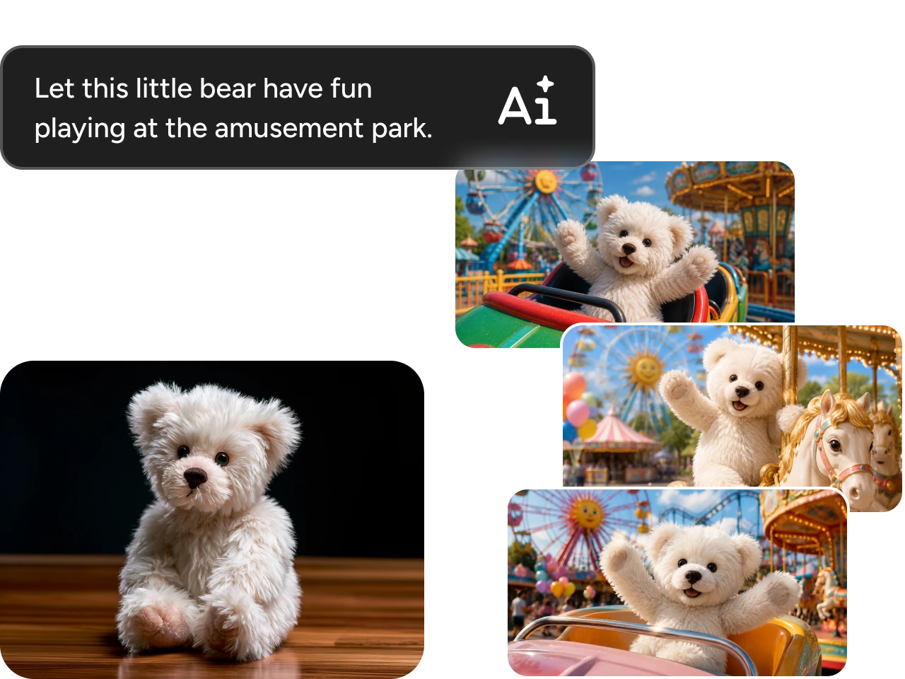 AI generating fun amusement park scenes for a fluffy white teddy bear from a single photo