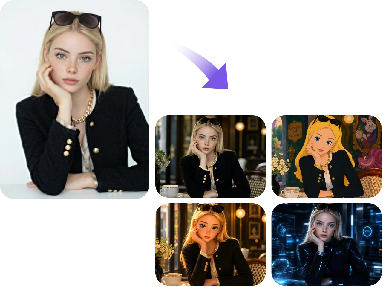 Outil d’image à image IA transformant la photo d’une femme en quatre portraits stylisés
