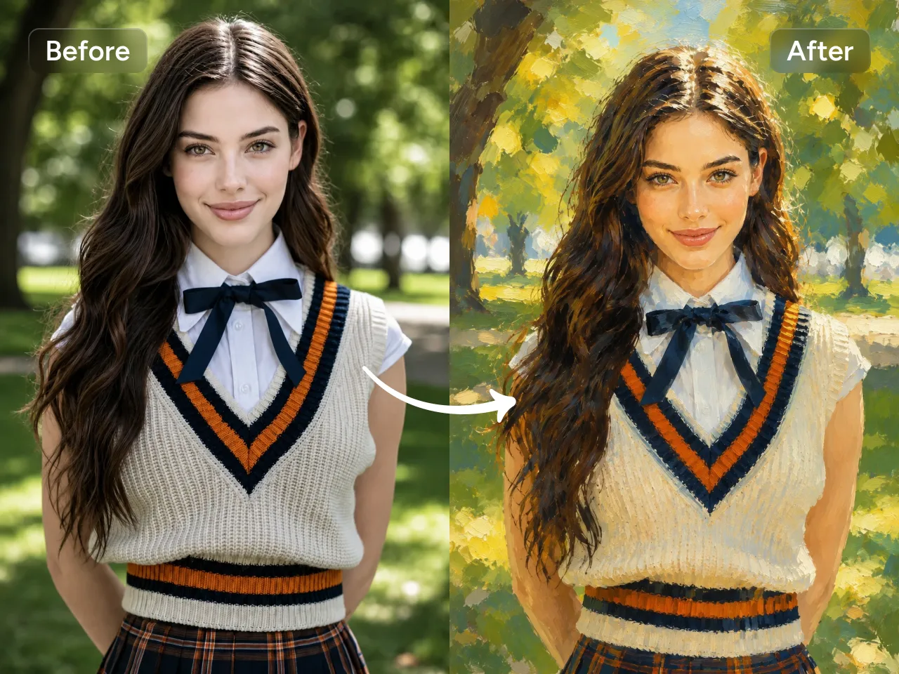 avant/après d’une transformation IA d’une photo réaliste de femme en portrait artistique stylisé
