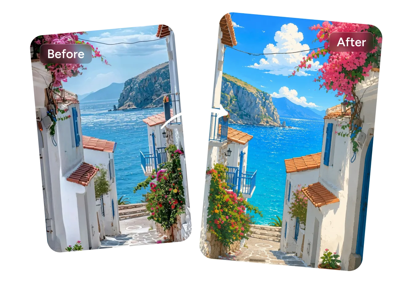 before and after comparison showing a coastal landscape photo transformed into vibrant painted-style art