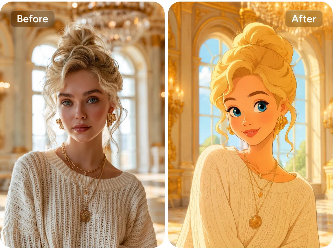 before and after comparison showing a real photo transformed into anime-style character art
