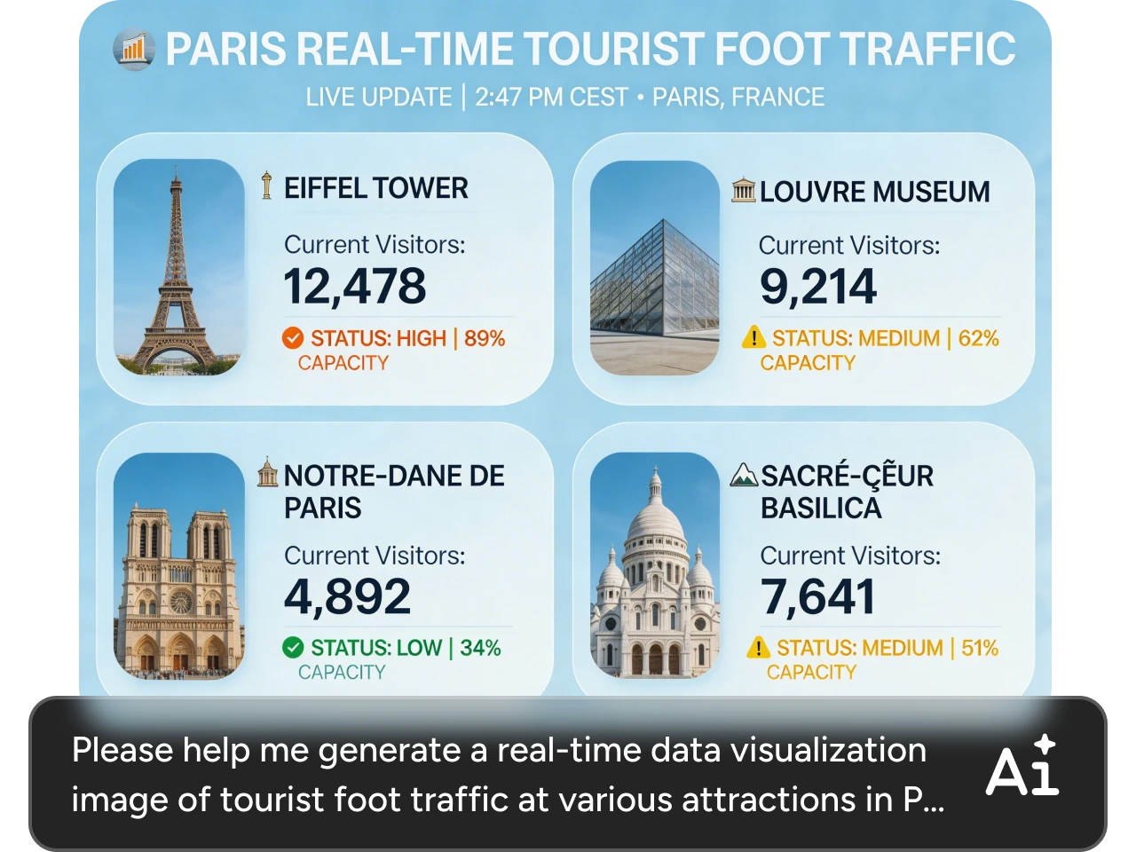 uma visualização de dados de visitantes em tempo real gerada por IA das atrações de Paris