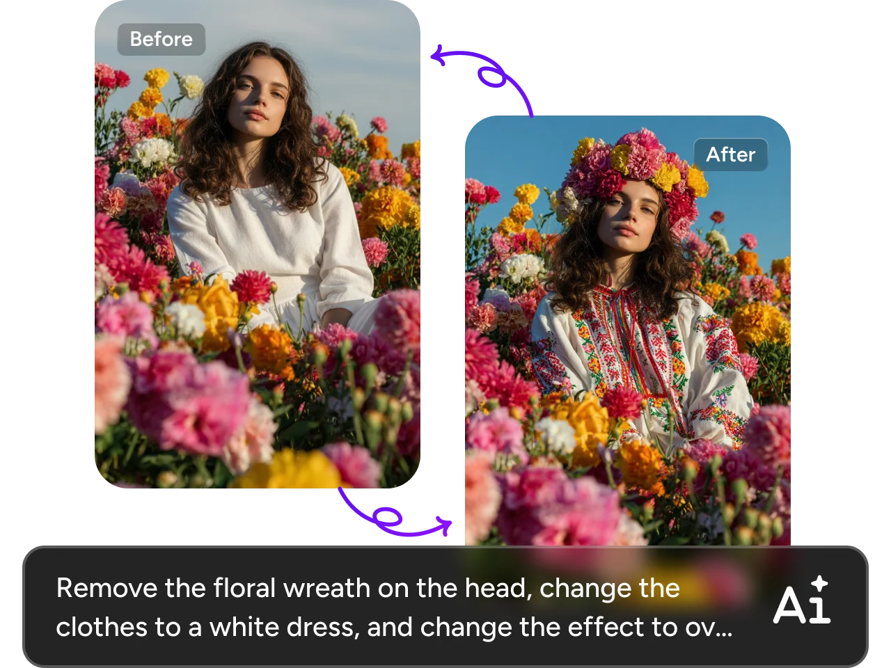 comparação de antes e depois de uma garota gerada por IA usando uma coroa de flores