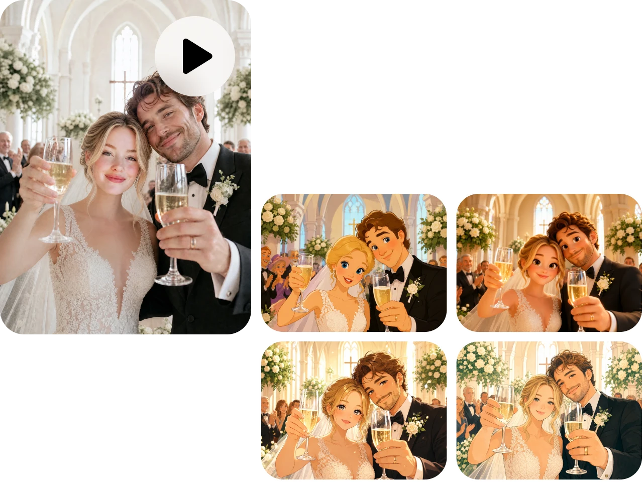 One wedding video transformed into four AI-generated style variations