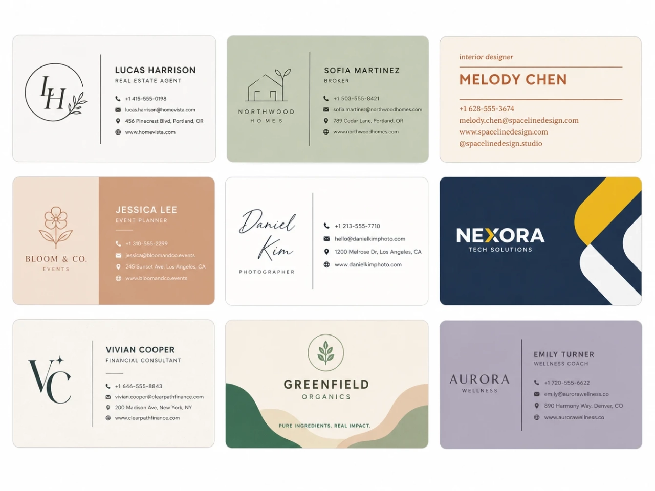 collection of nine business card templates in various styles and colors