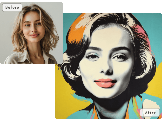 um retrato em pop art gerado por IA a partir do selfie de uma mulher