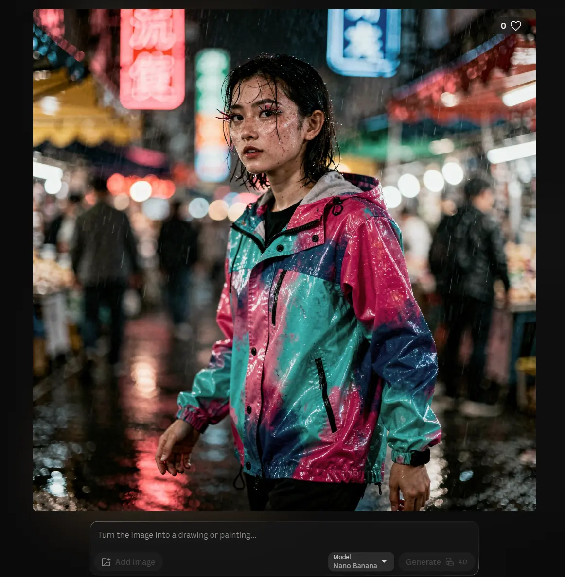 Leonardo AI FLUX.2 Pro character portrait test showing a young female explorer in a rainy neon market with a glossy reflective jacket