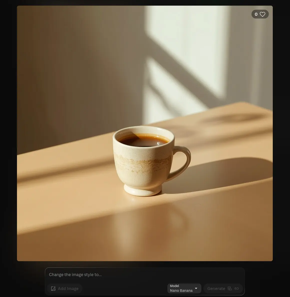 Leonardo AI Lucid Origin product image test showing a handmade ceramic coffee cup on a warm beige table with soft morning window light