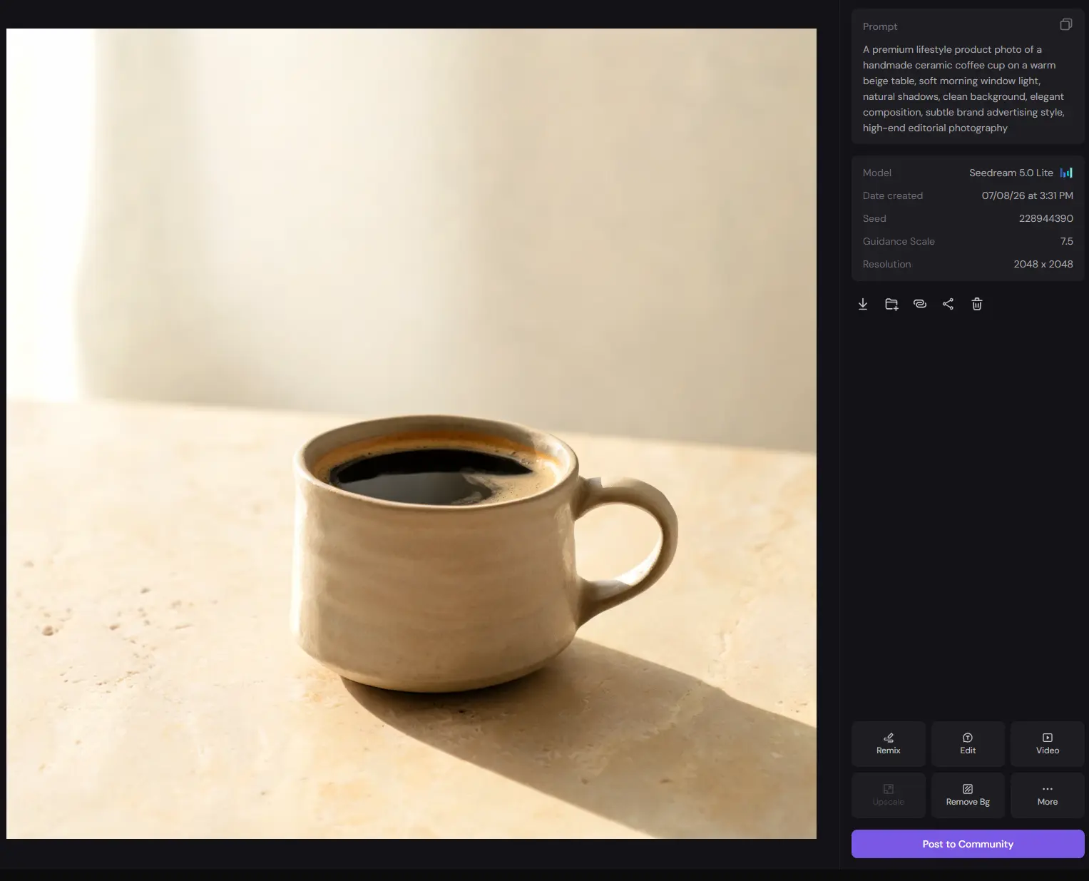 piclumen ai coffe cup image generation