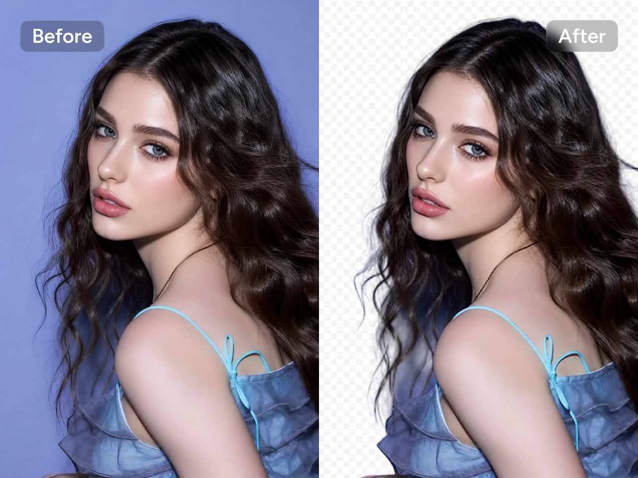 before and after comparison showing AI background removal on a portrait photo, replacing a blue backdrop with a clean transparent background