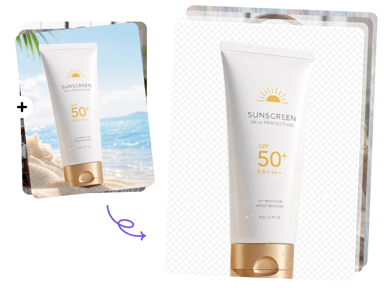 sunscreen product photo before and after background removal, demonstrating batch processing for e-commerce product images