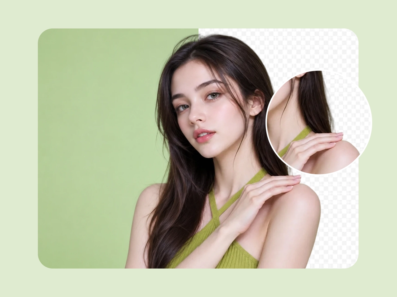 zoomed-in view of AI background removal tool precisely detecting fine hair strands against a green backdrop for a clean cutout