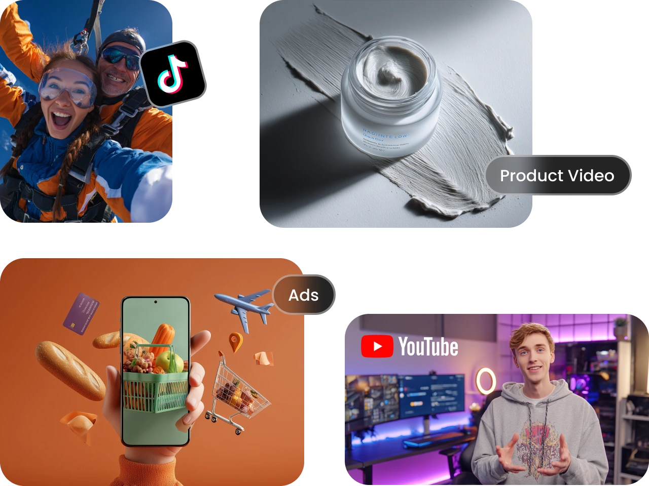 von hailuo 2.3 generierte Videos für verschiedene Einsatzzwecke wie Social Media oder Produkt-Ads