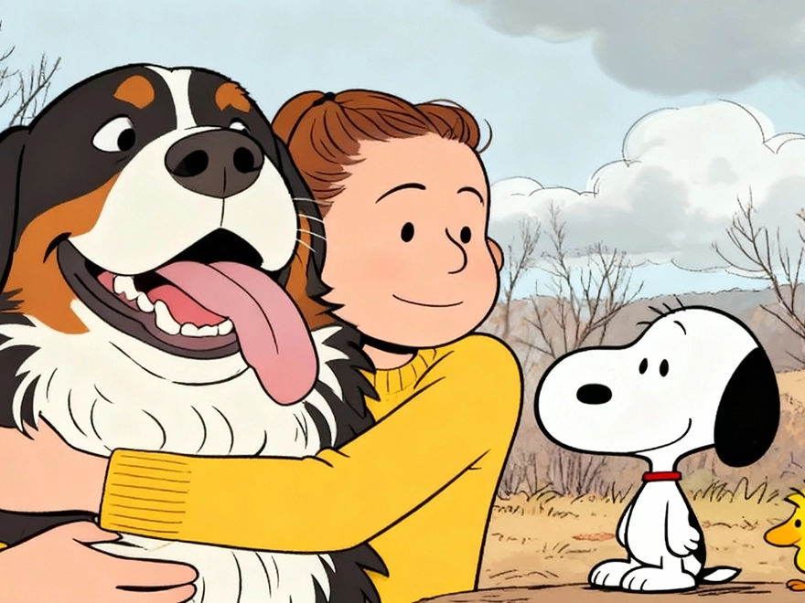 A girl hugging a dog in Snoopy style, generated with GPT 4o Image Generation in PicLumen