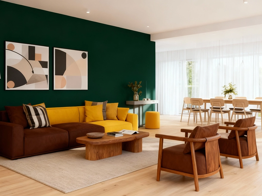 brown and yellow colouredinterior design with green wall created with GPT 4o Image Generation in PicLumen