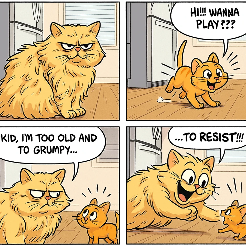 A funny four-panel American cat comic made by ChatGPT image generator in PicLumen