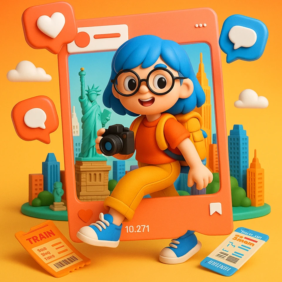 A blue-haired travelling girl in 3D style social media frame made by ChatGPT image generator in PicLumen