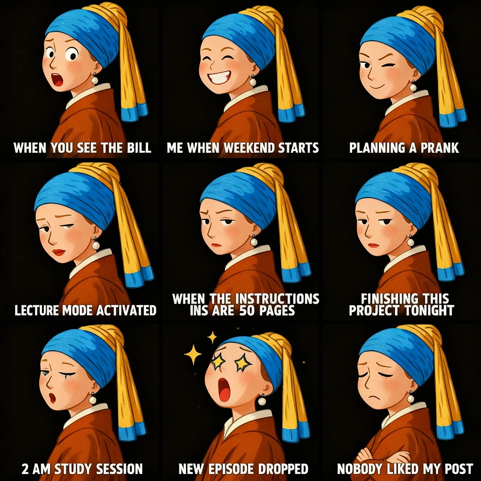 A nine-panel meme grid emoji featuring cartoonized Girl with a Pearl Earring
