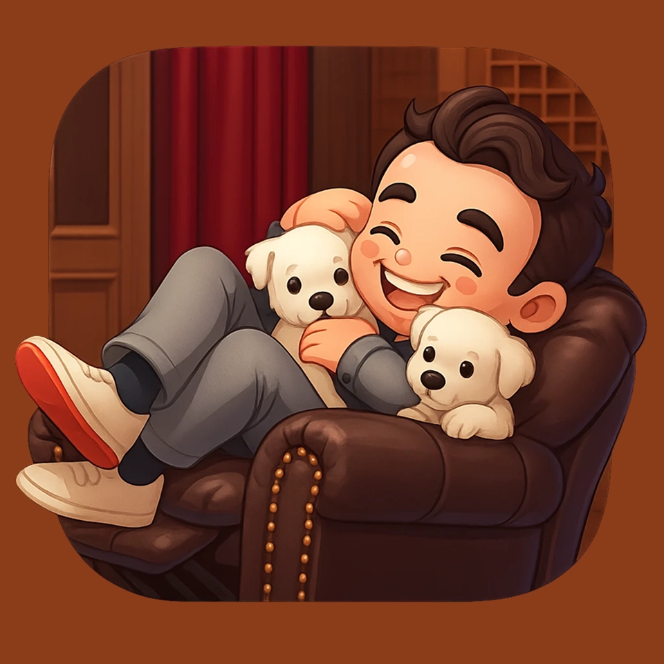 A 3D-style chibi app icon featuring a man and two cute puppies