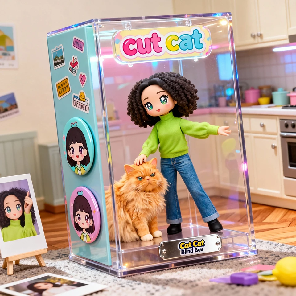 A 3D chibi-style figure design featuring an African woman and a cat